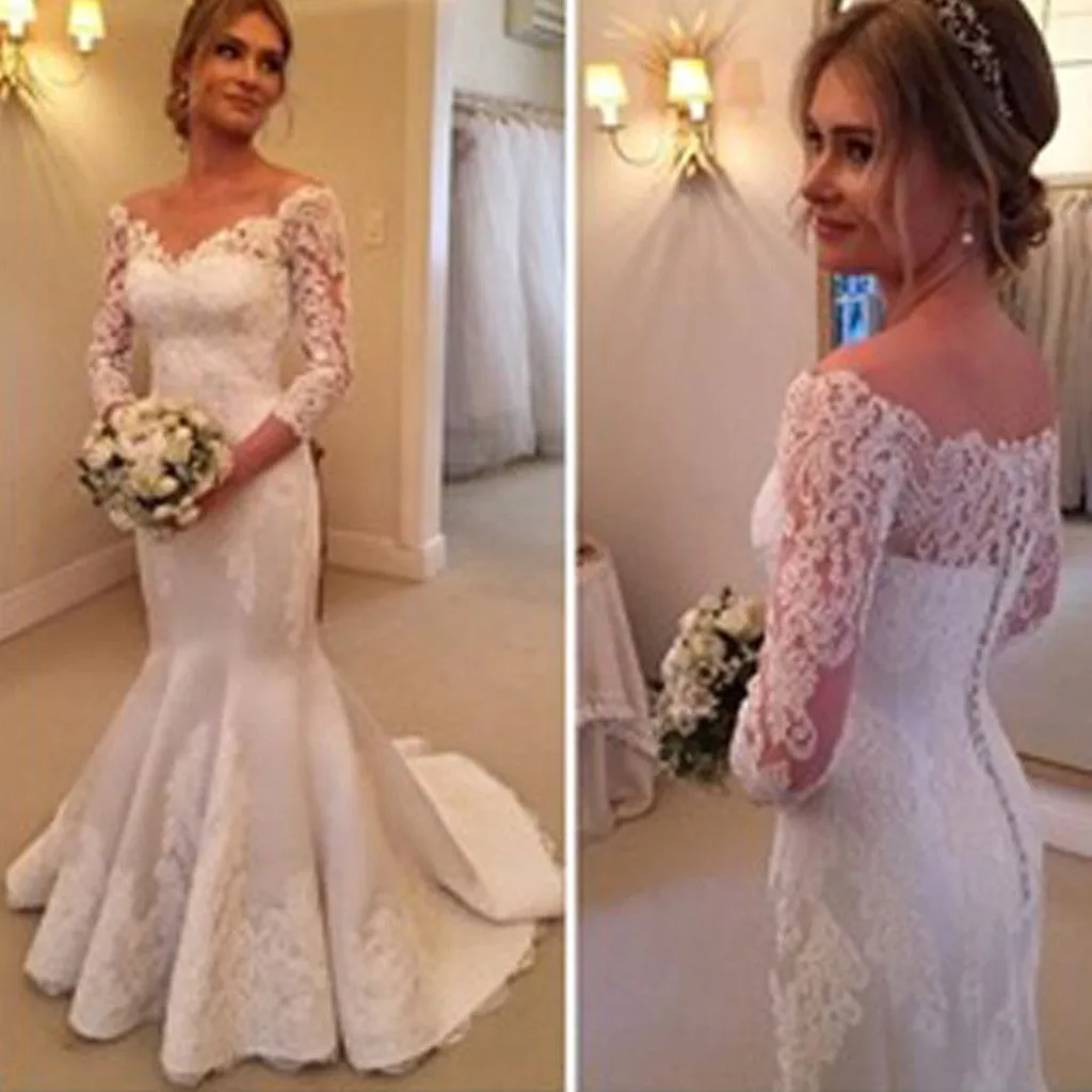 Elegant Off-Shoulder Long Sleeve Mermaid Wedding Dress, WD0206