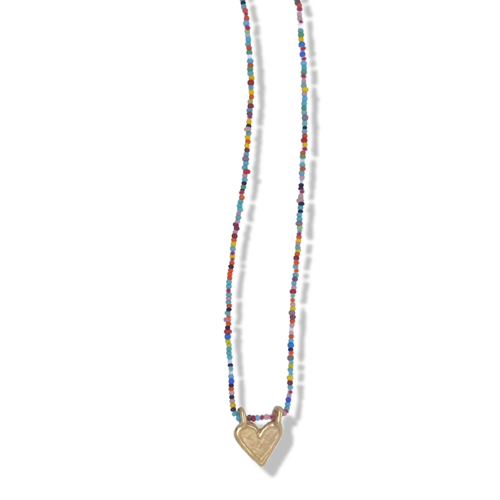 Gold Heart Charm Necklace in Multi-Color Beads