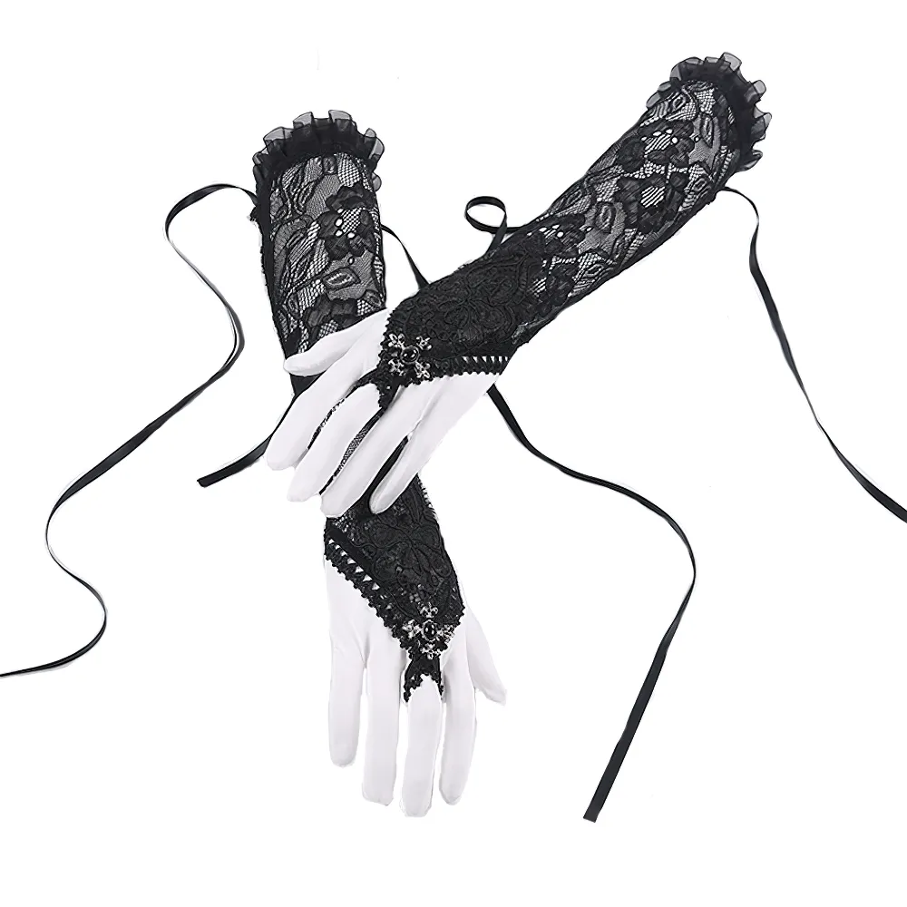 Black Lace Gloves with Satin Ribbons