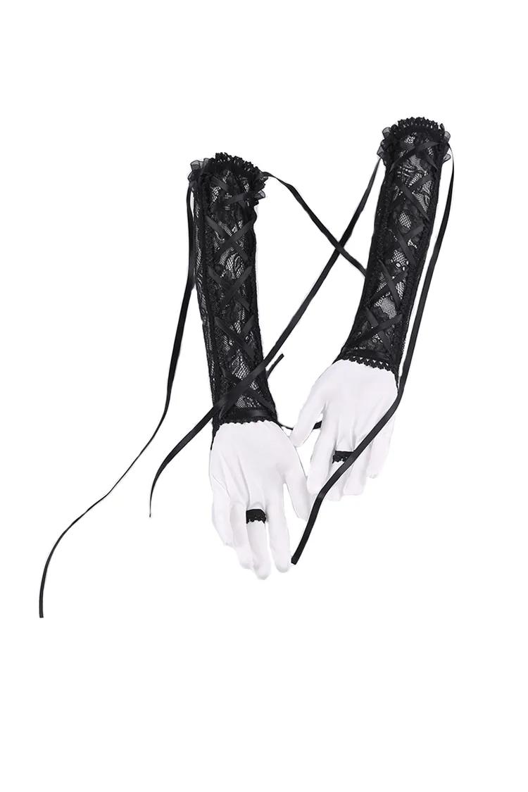 Black Lace Gloves with Satin Ribbons