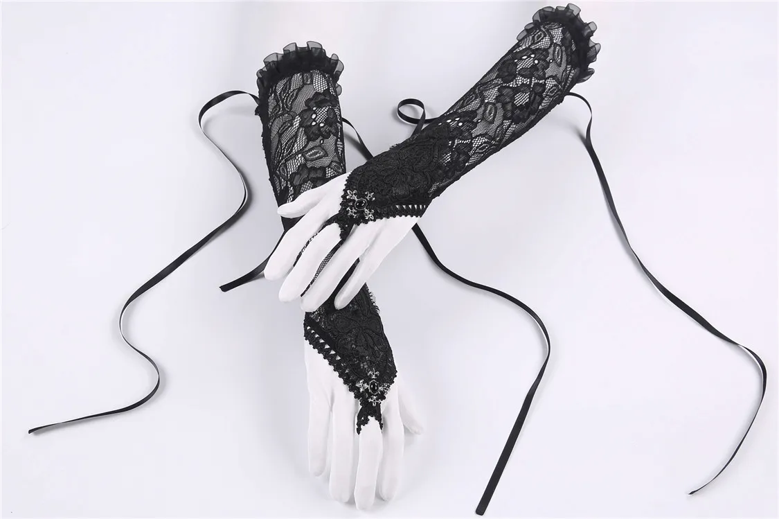 Black Lace Gloves with Satin Ribbons