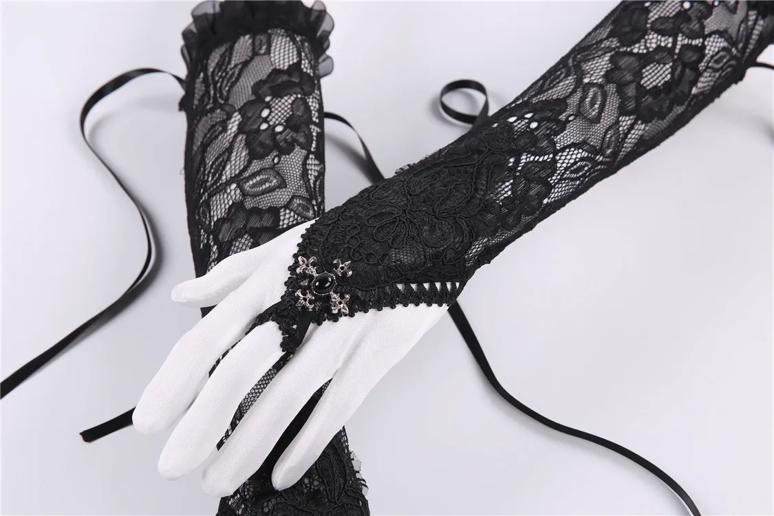 Black Lace Gloves with Satin Ribbons