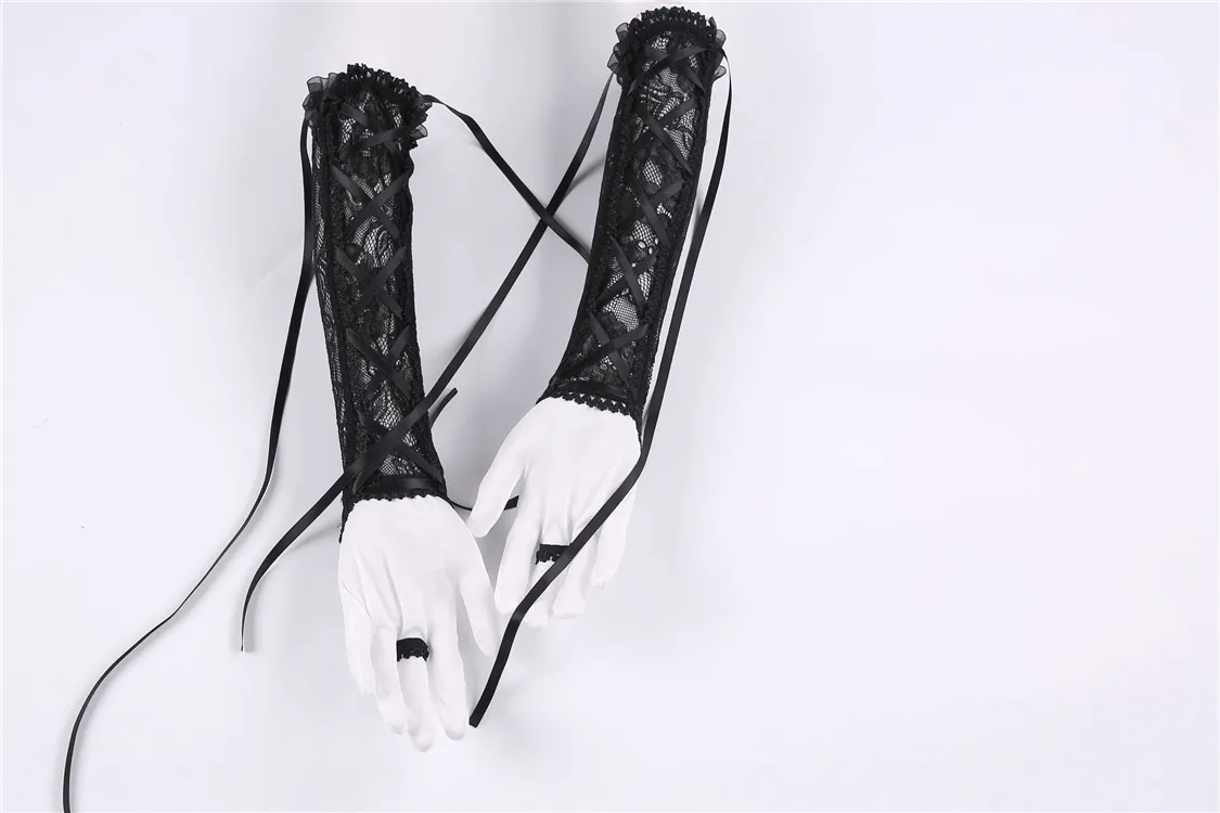 Black Lace Gloves with Satin Ribbons