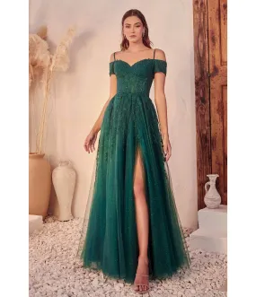 Cinderella Divine  Emerald Glitter Tulle Off The Shoulder Applique Slit Gown