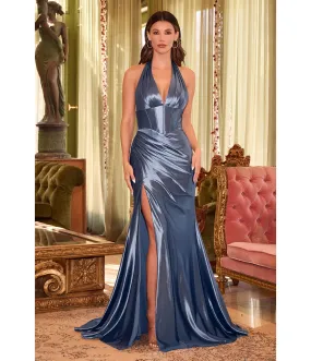 Smoky Blue Pleated Satin Halter Corset Evening Gown