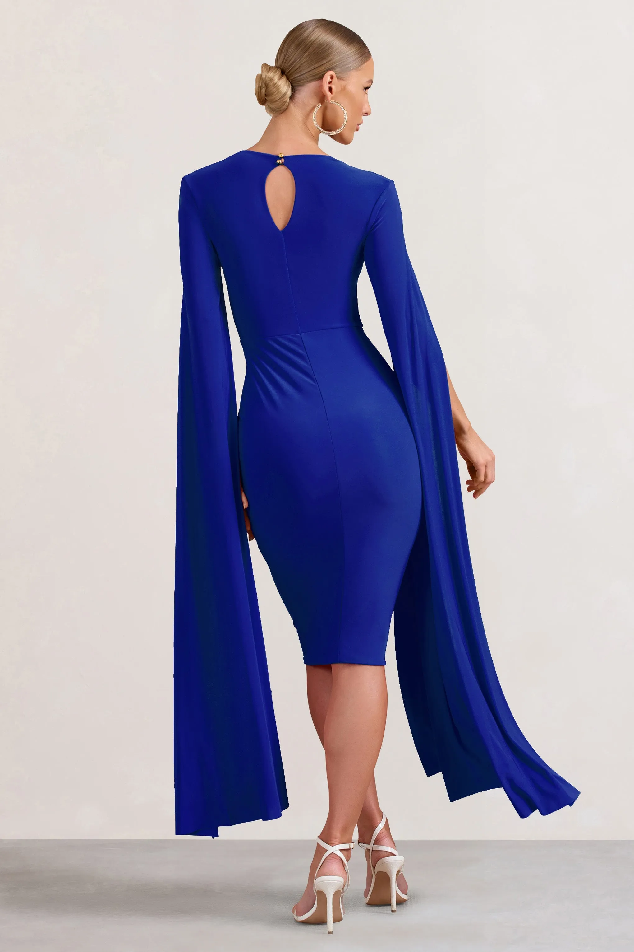 Cobalt Blue Square Neck Midi Dress With Cape Sleeves