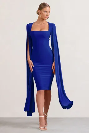 Cobalt Blue Square Neck Midi Dress With Cape Sleeves