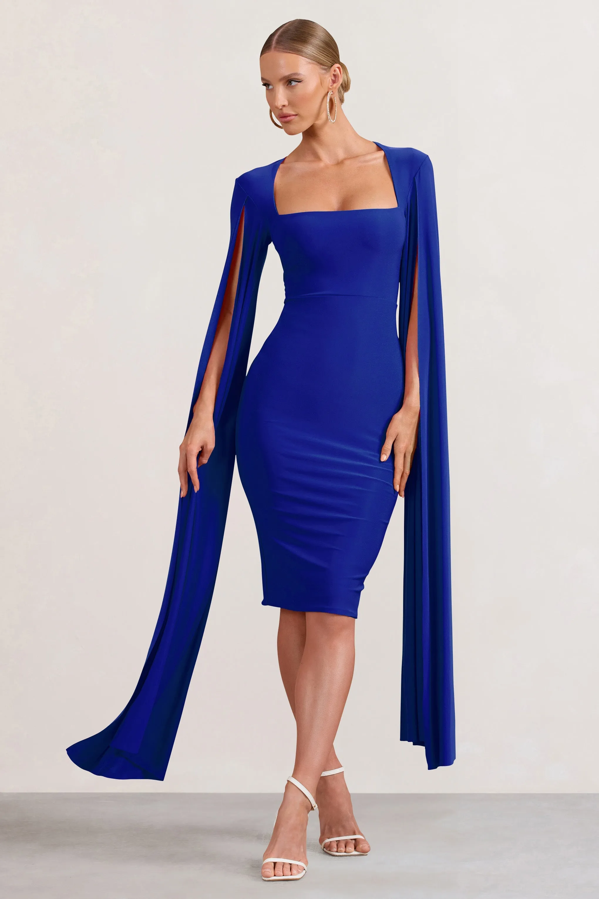 Cobalt Blue Square Neck Midi Dress With Cape Sleeves