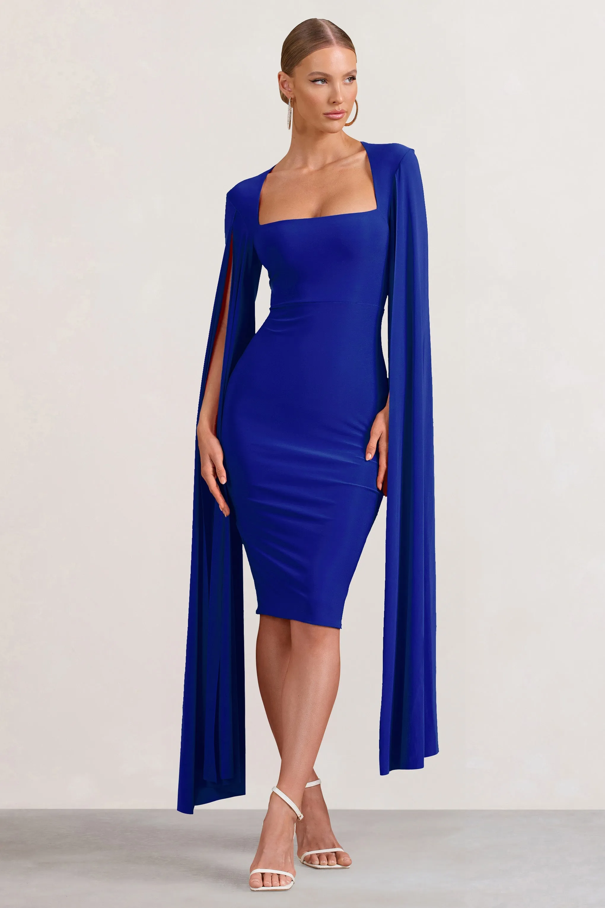 Cobalt Blue Square Neck Midi Dress With Cape Sleeves