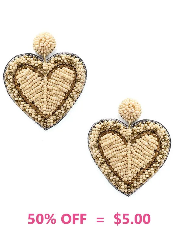 Cream Beaded Heart earrings with border