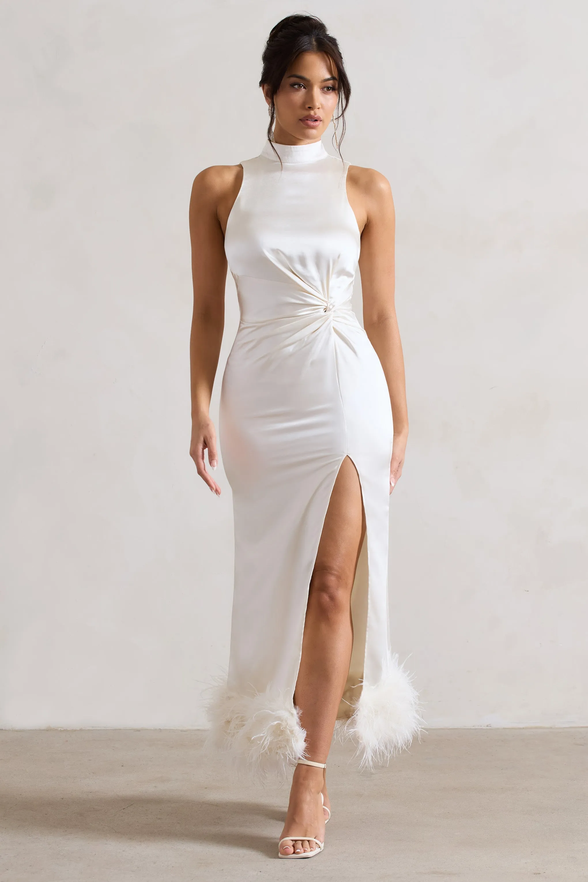 Satin Twist Split Maxi Dress With Feather Trim in Cream Zoe