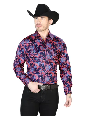 El Señor de los Cielos Denim Shirt with Blue Floral Print Brooches for Men