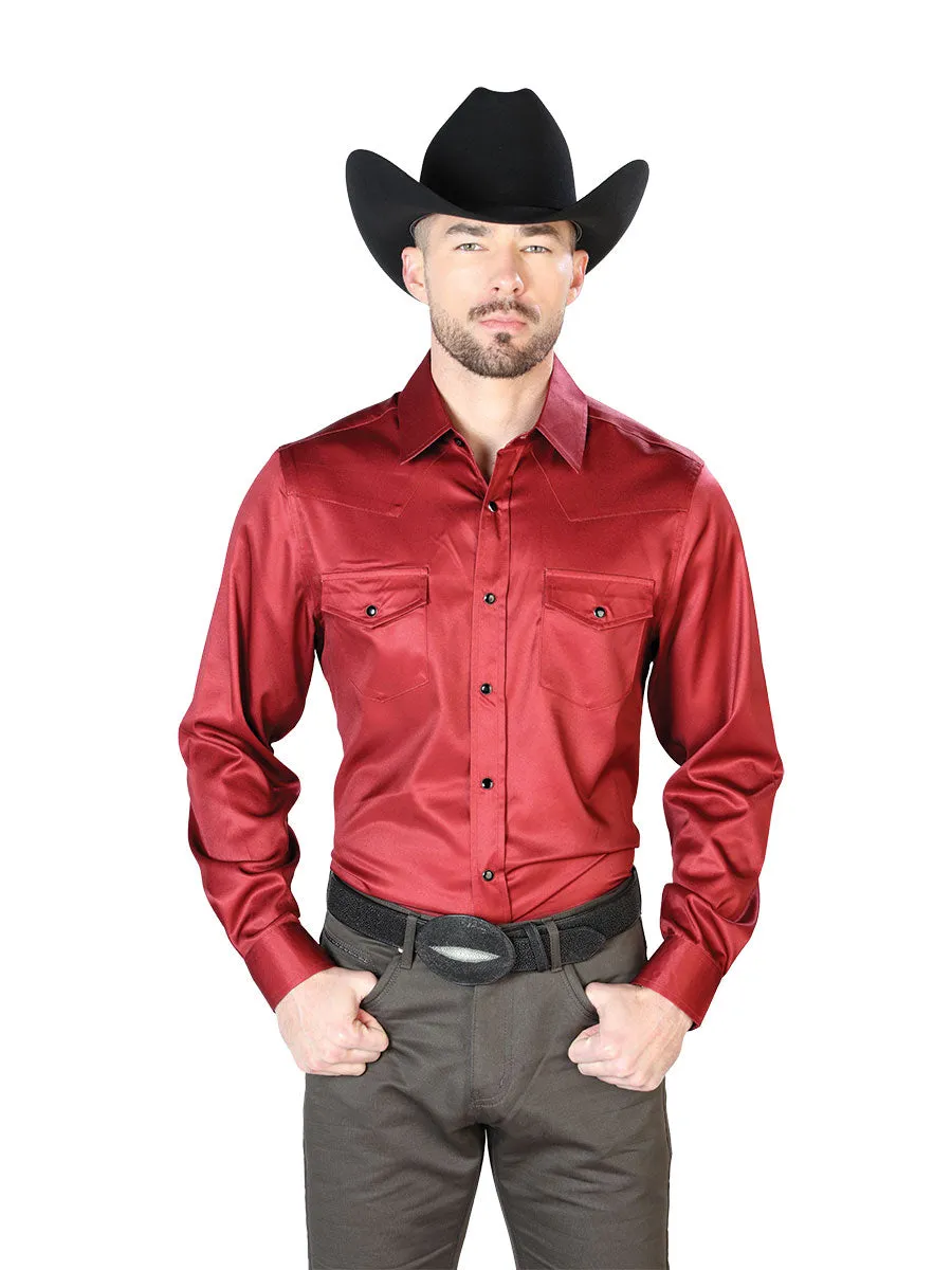 El Señor de los Cielos Denim Shirt with Pockets and Burgandy Brooches for Men