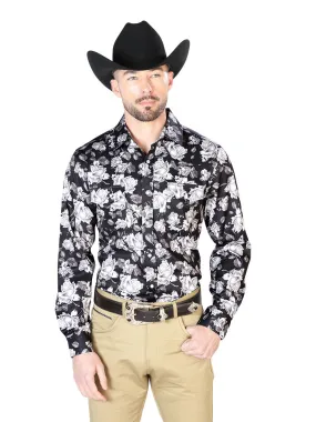 El Señor de los Cielos Long Sleeve Denim Shirt with Black Floral Print Brooches / Flowers for Men