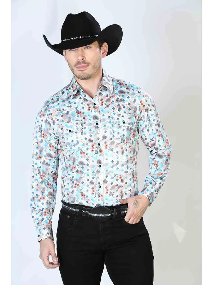 El Señor de los Cielos Long Sleeve Denim Shirt with Multicolor Printed Brooches for Men