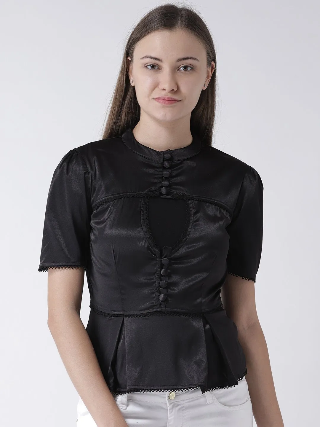 Black Satin Blouse Lace Button Detail