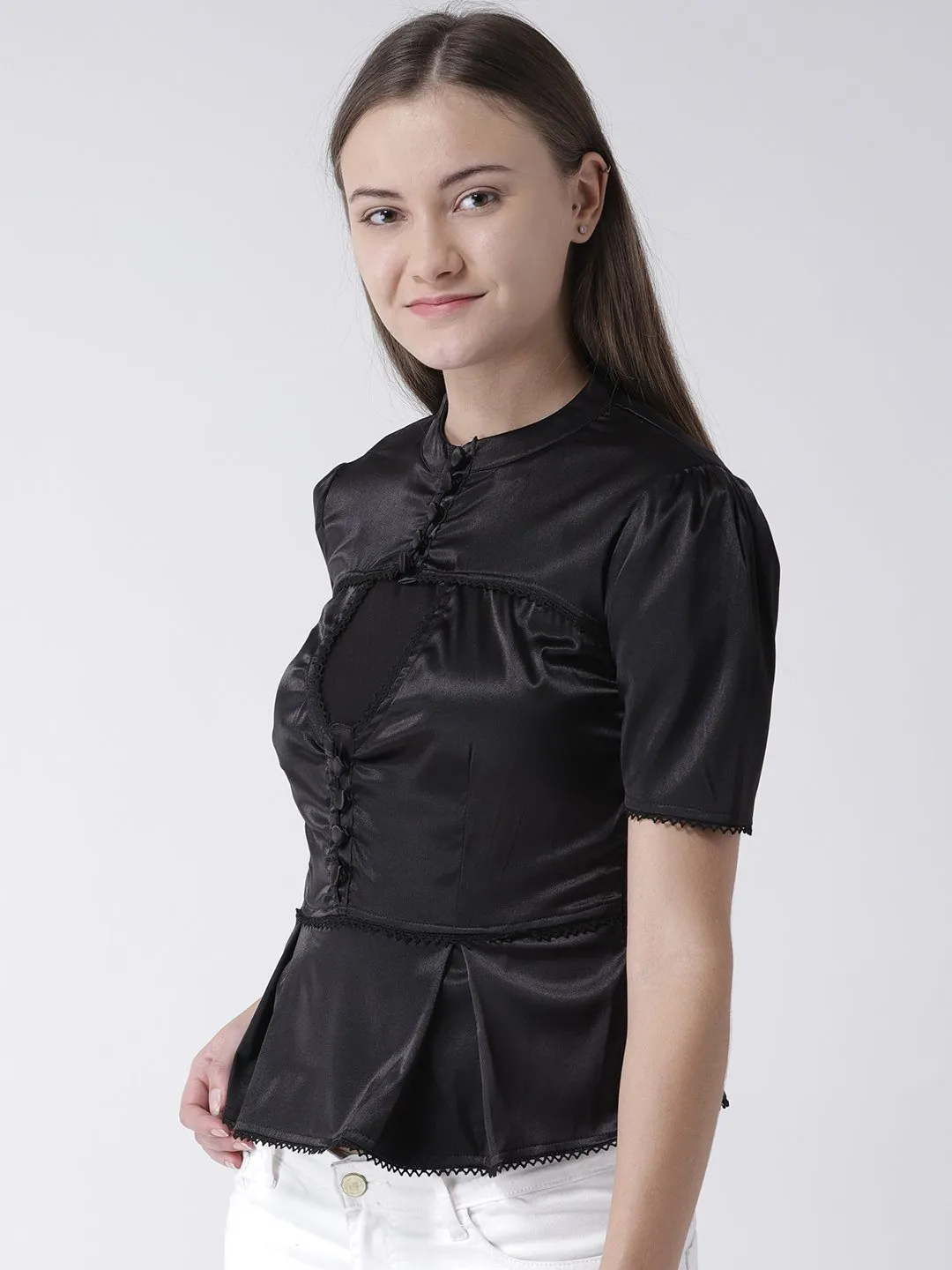 Black Satin Blouse Lace Button Detail