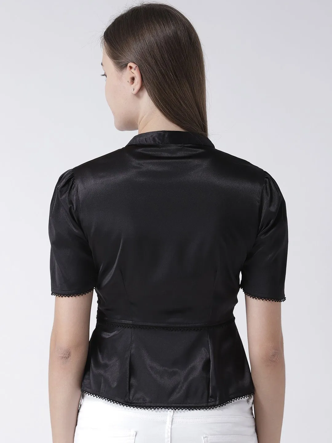 Black Satin Blouse Lace Button Detail