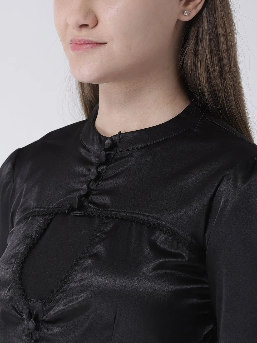 Black Satin Blouse Lace Button Detail