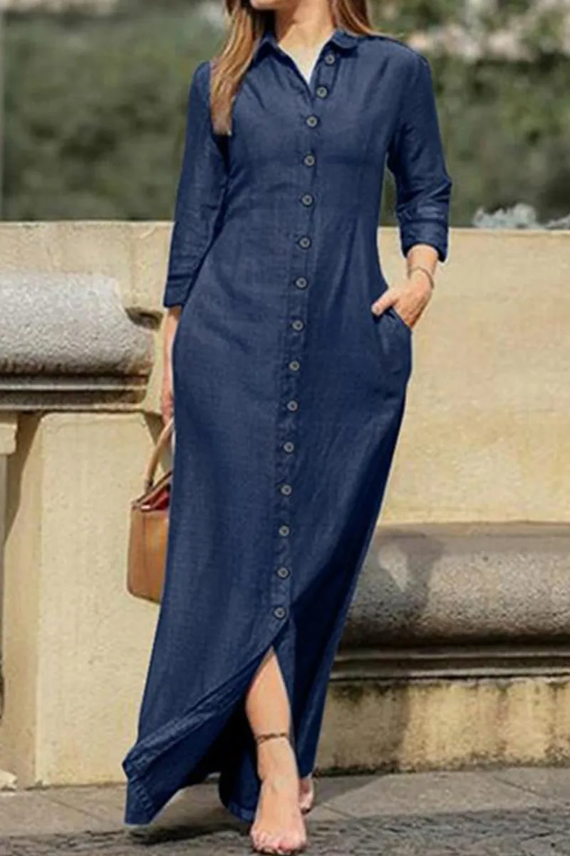 Elegant Denim Dresses with Buckle Detail and Long Sleeves in Multiple Colors