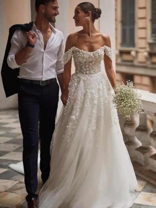 Graceful Off Shoulder Lace Wedding Gown