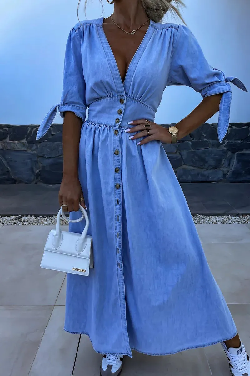 Elegant Denim Dress with V Neck and Half Sleeves