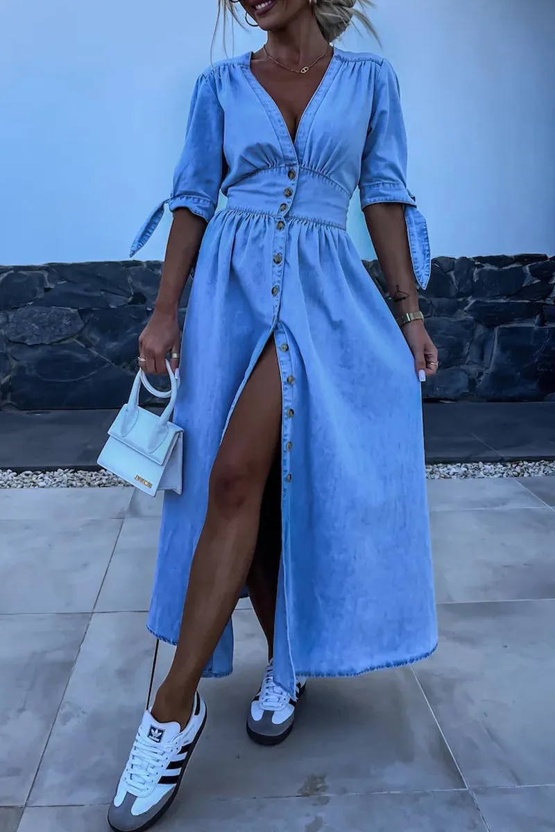 Elegant Denim Dress with V Neck and Half Sleeves