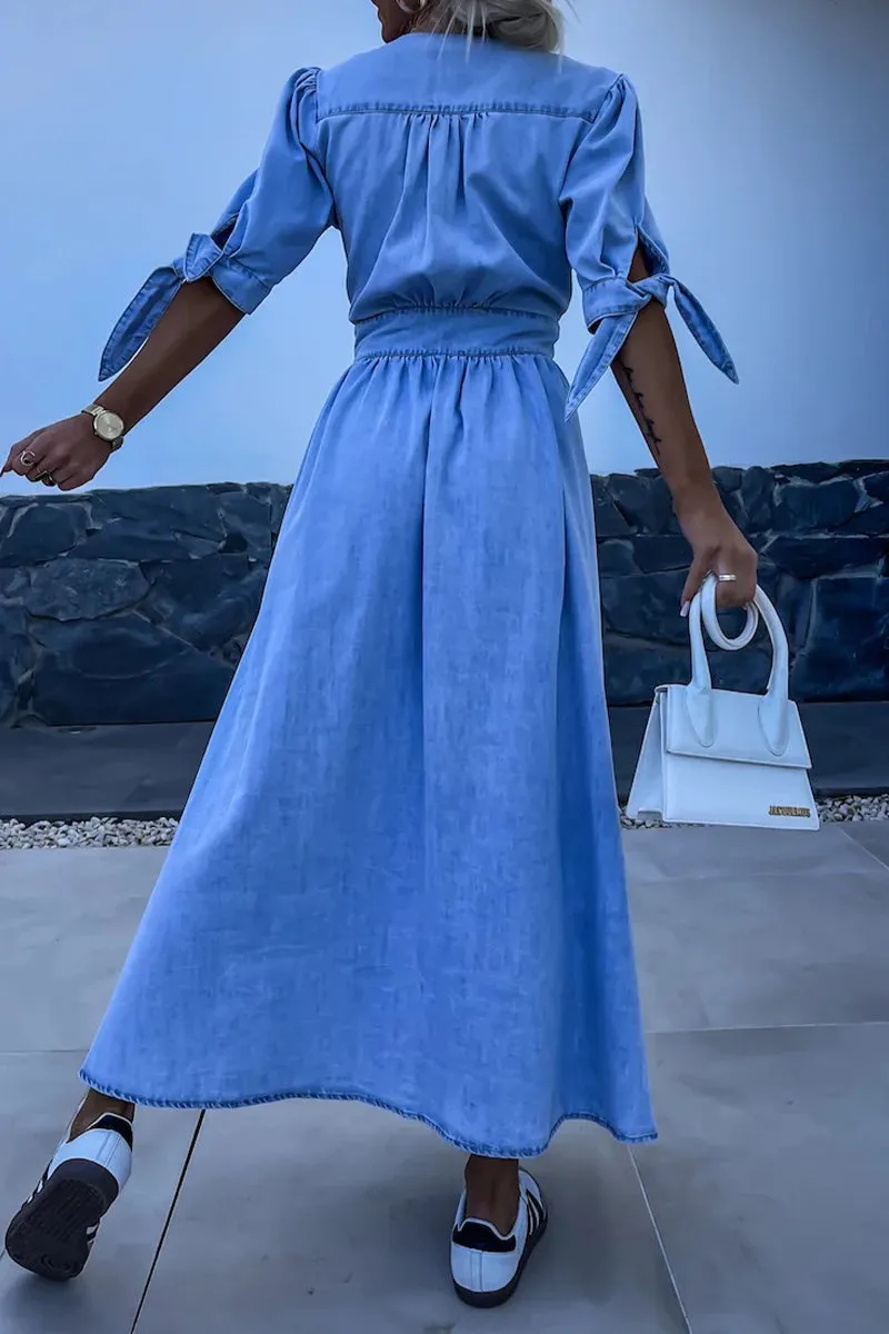 Elegant Denim Dress with V Neck and Half Sleeves