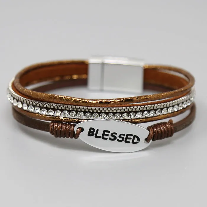 Engraved BLESSED Leather Charm Bracelet