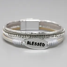 Engraved BLESSED Leather Charm Bracelet