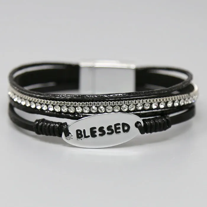 Engraved BLESSED Leather Charm Bracelet