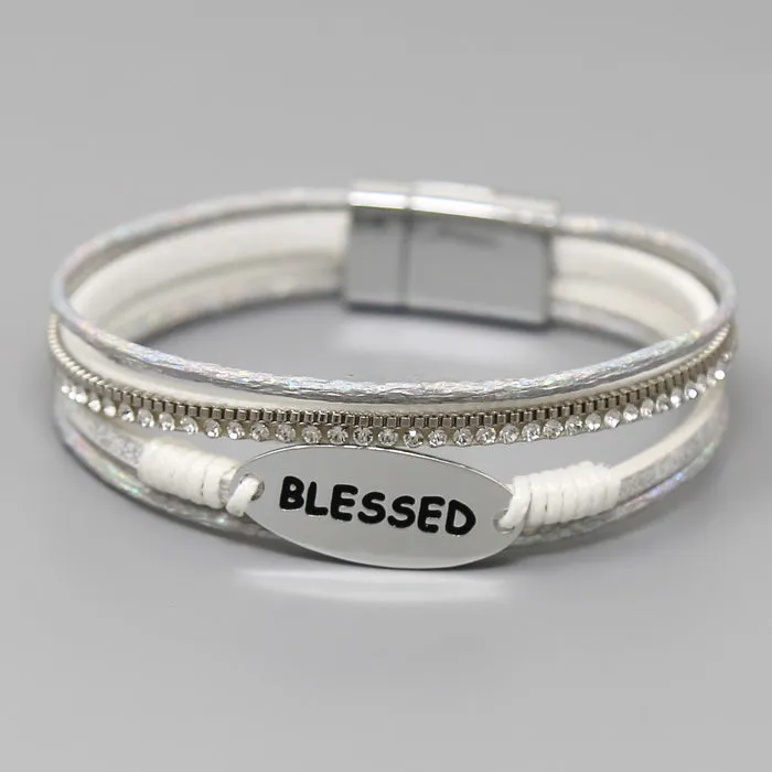 Engraved BLESSED Leather Charm Bracelet