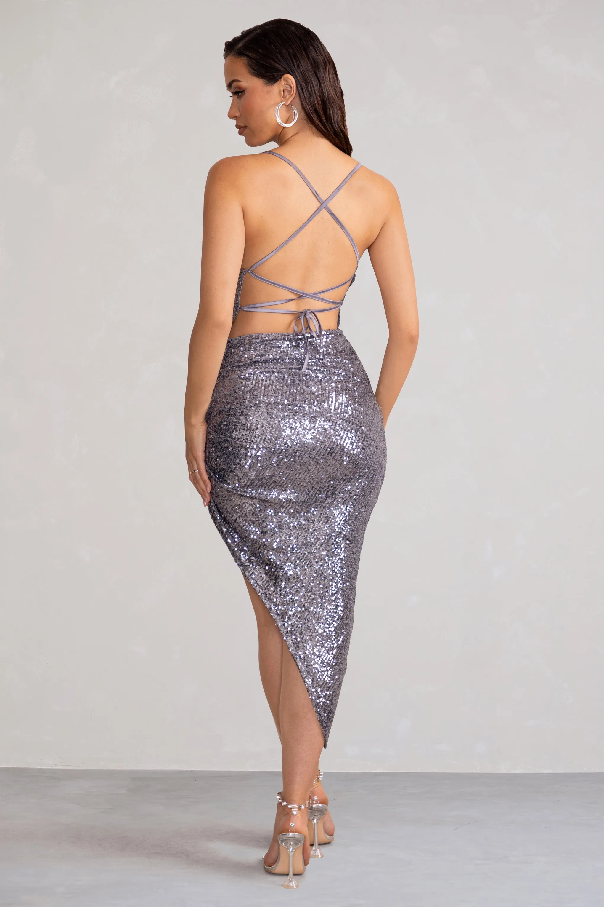 Gunmetal Sequin Cami Cowl Neck Asymmetric Hem Midi Dress