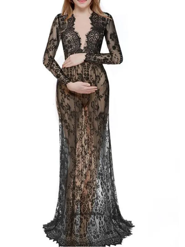 floral lace deep v-neck maternity dress