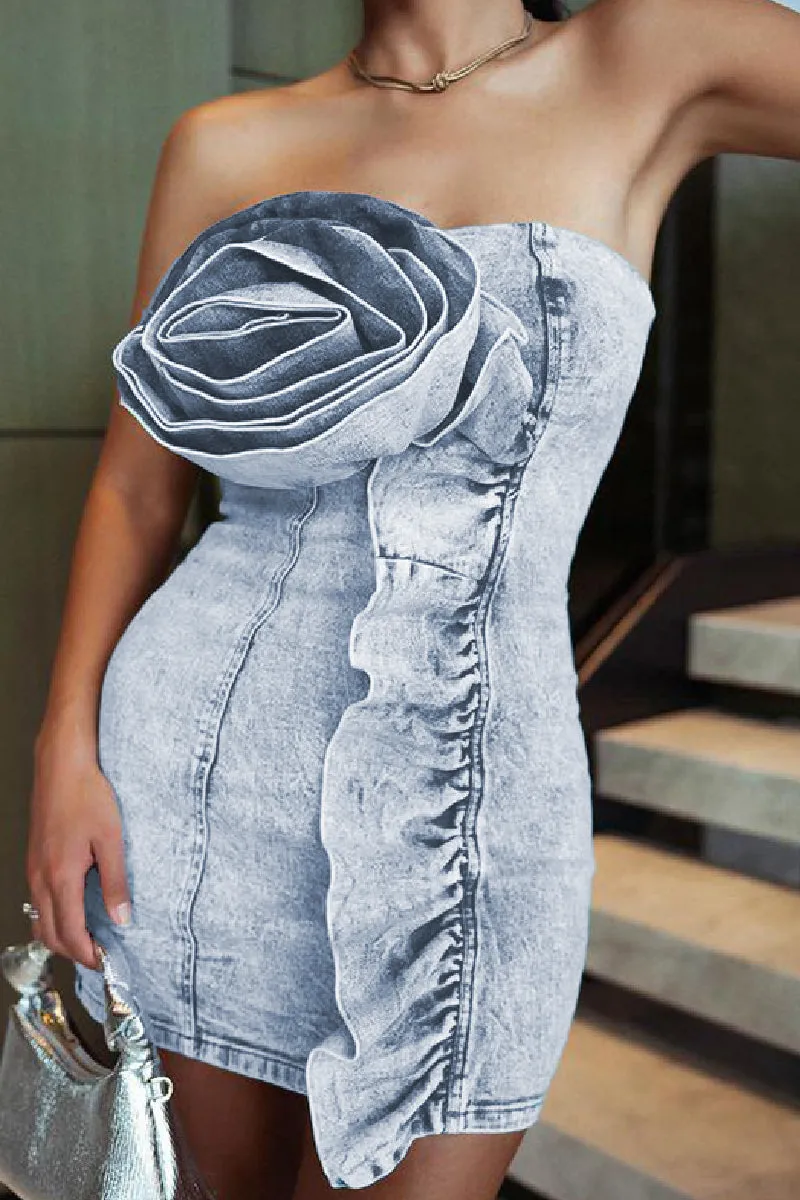 Floral Patchwork Backless Strapless Denim Dress