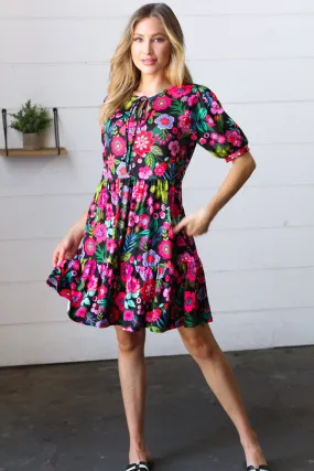 Tiered Floral Dress with Front Tie and Pockets