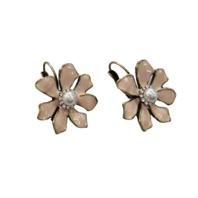 Pink Enamel Pearl Flower Earring