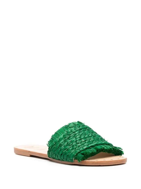 Trendy Green Manebi Raffia Slides with Fringe