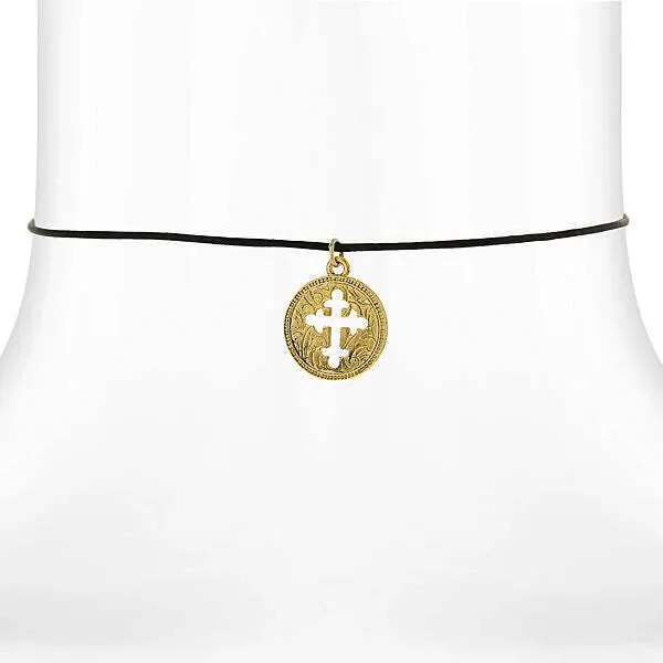 Gold Budded Cross Pendant Necklace with Black Satin Cord