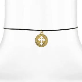 Gold Budded Cross Pendant Necklace with Black Satin Cord