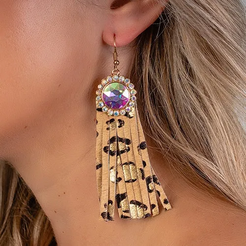 Gold Leopard Concho Earrings with Bling Tassels