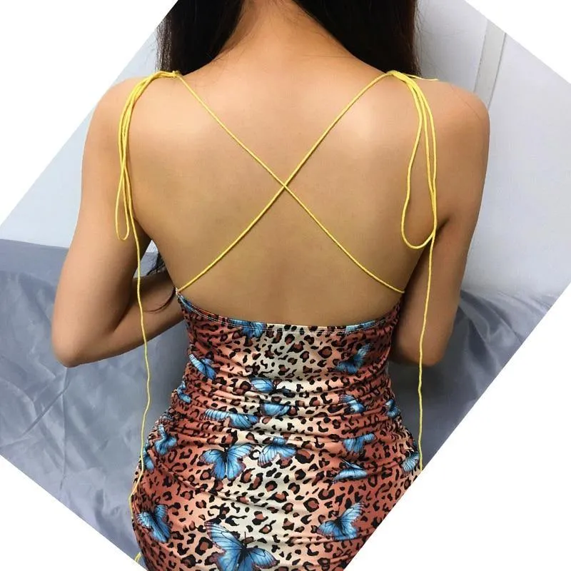 Leopard Print Bodycon Mini Dress with Backless Design and Slash Neck