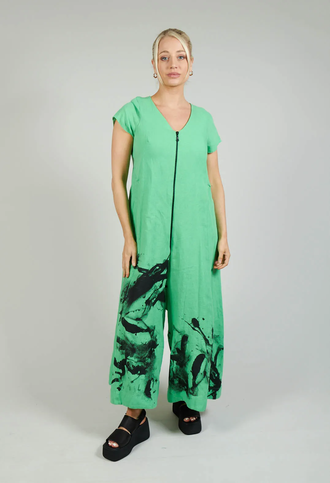 Green Black Front Zipper Jumpsuit