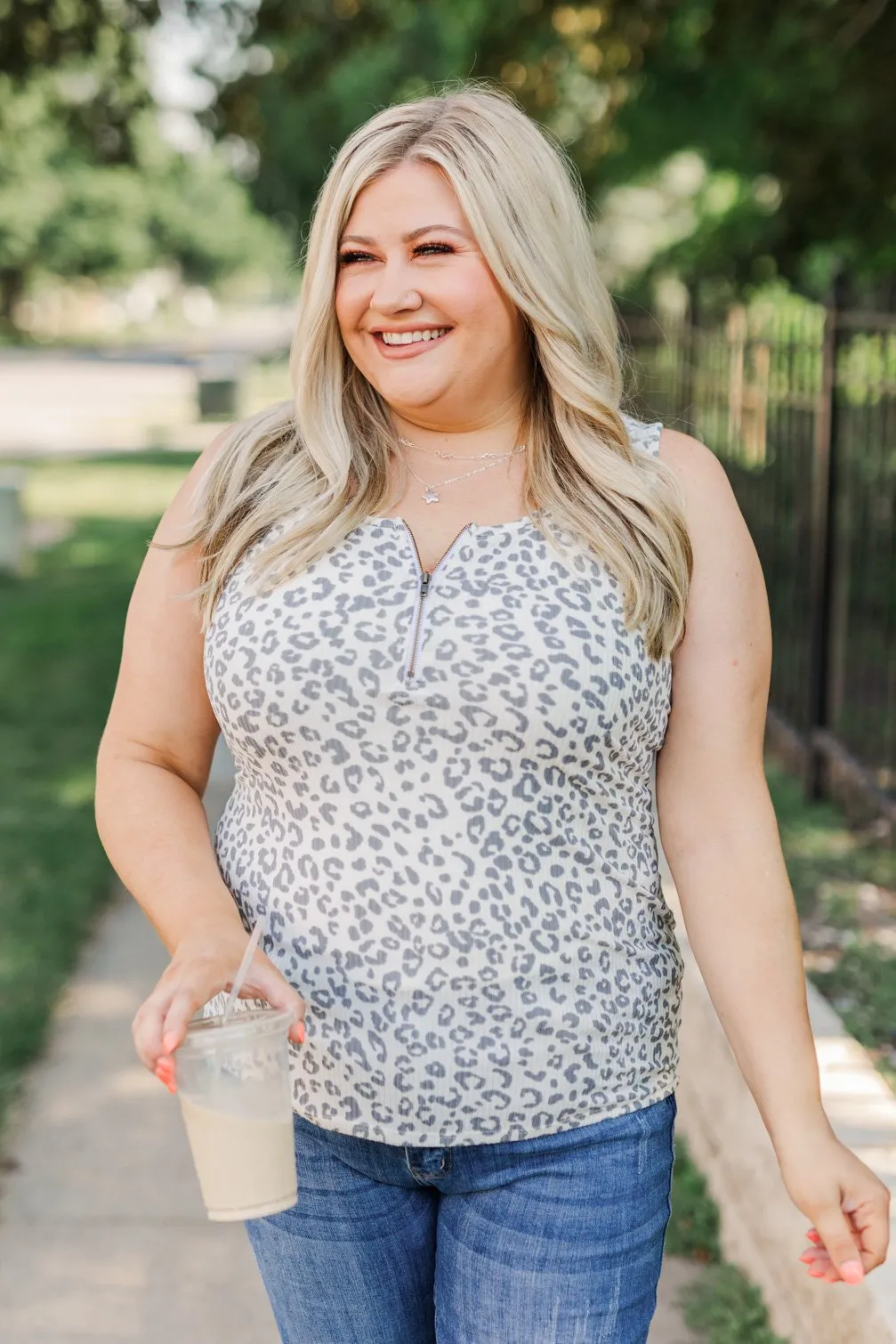 Grey Leopard Zipper Henley Tank Top by Everlasting Moments