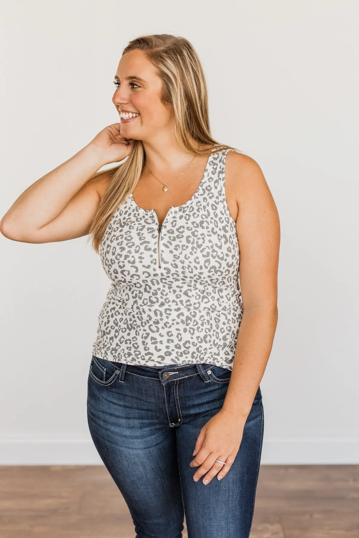 Grey Leopard Zipper Henley Tank Top by Everlasting Moments