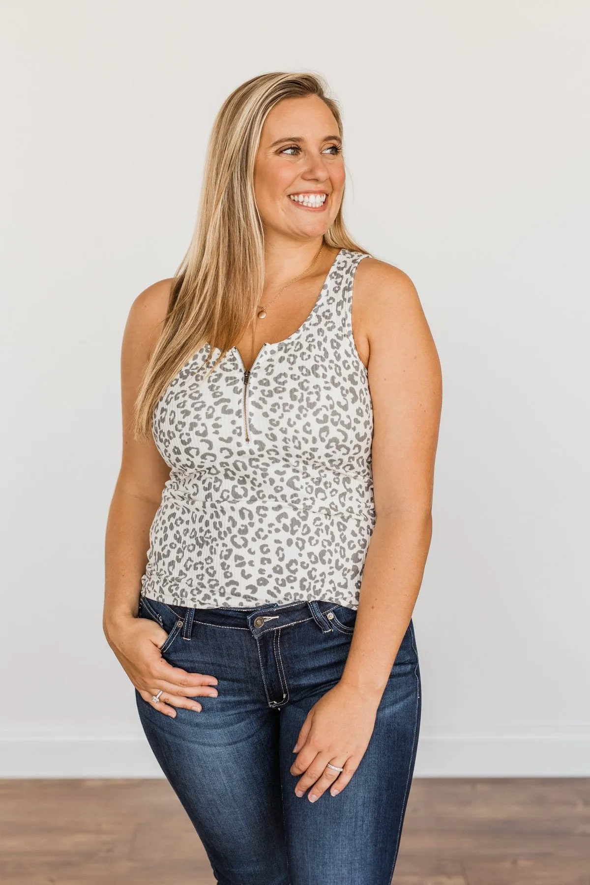 Grey Leopard Zipper Henley Tank Top by Everlasting Moments