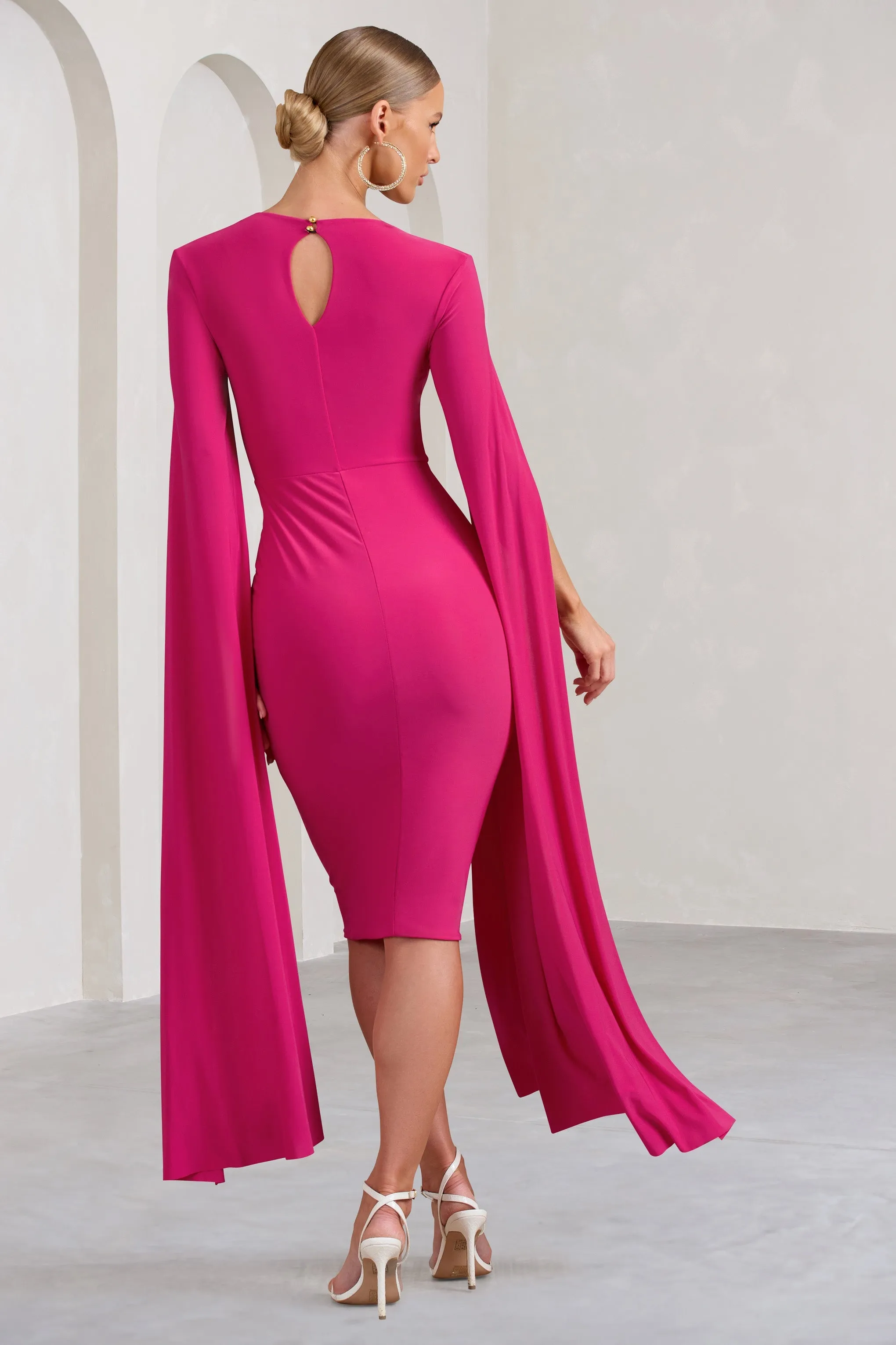 Hot Pink Square Neck Midi Dress With Cape Sleeves