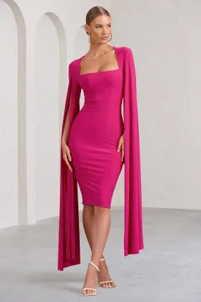 Hot Pink Square Neck Midi Dress With Cape Sleeves