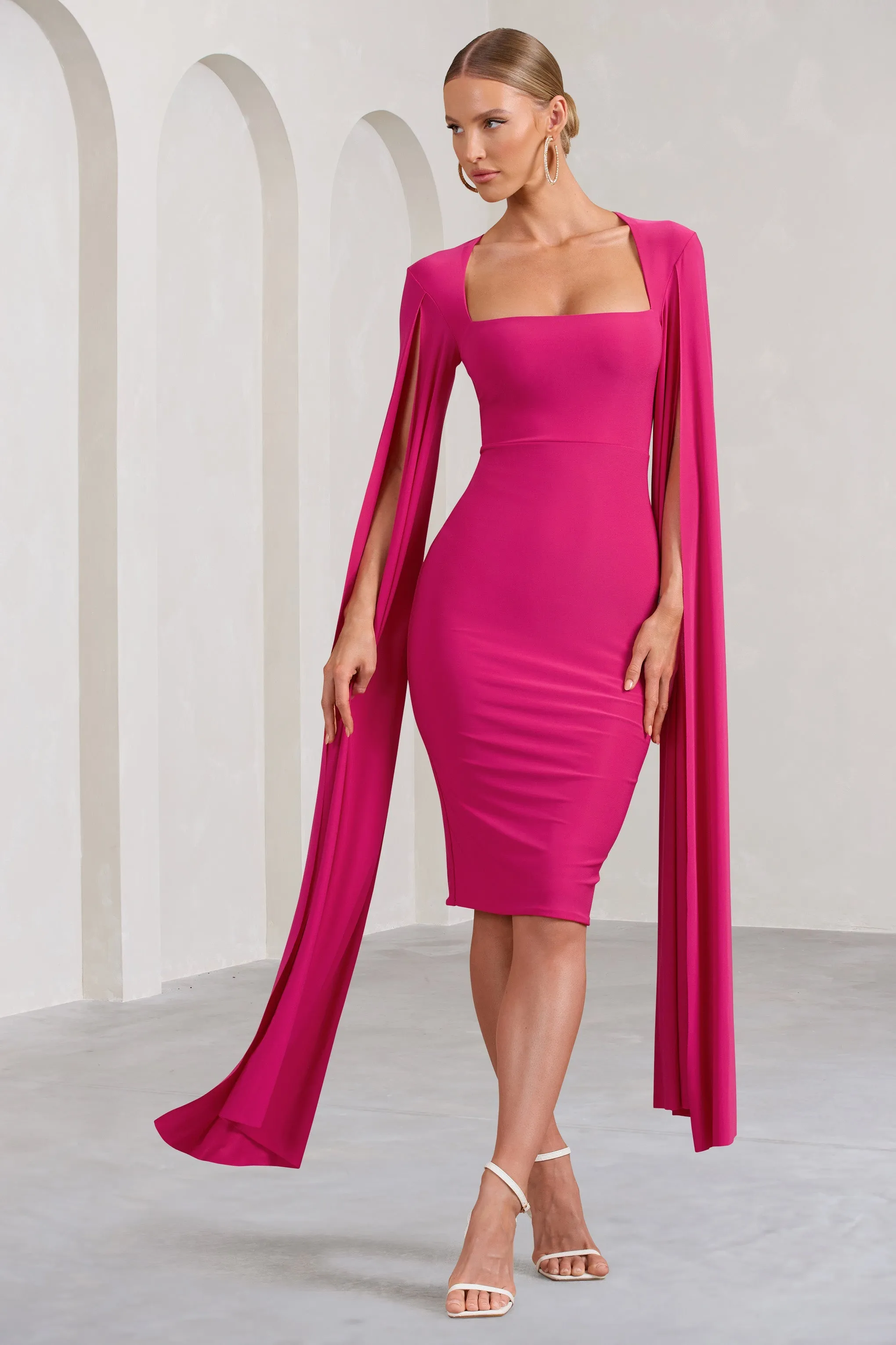 Hot Pink Square Neck Midi Dress With Cape Sleeves