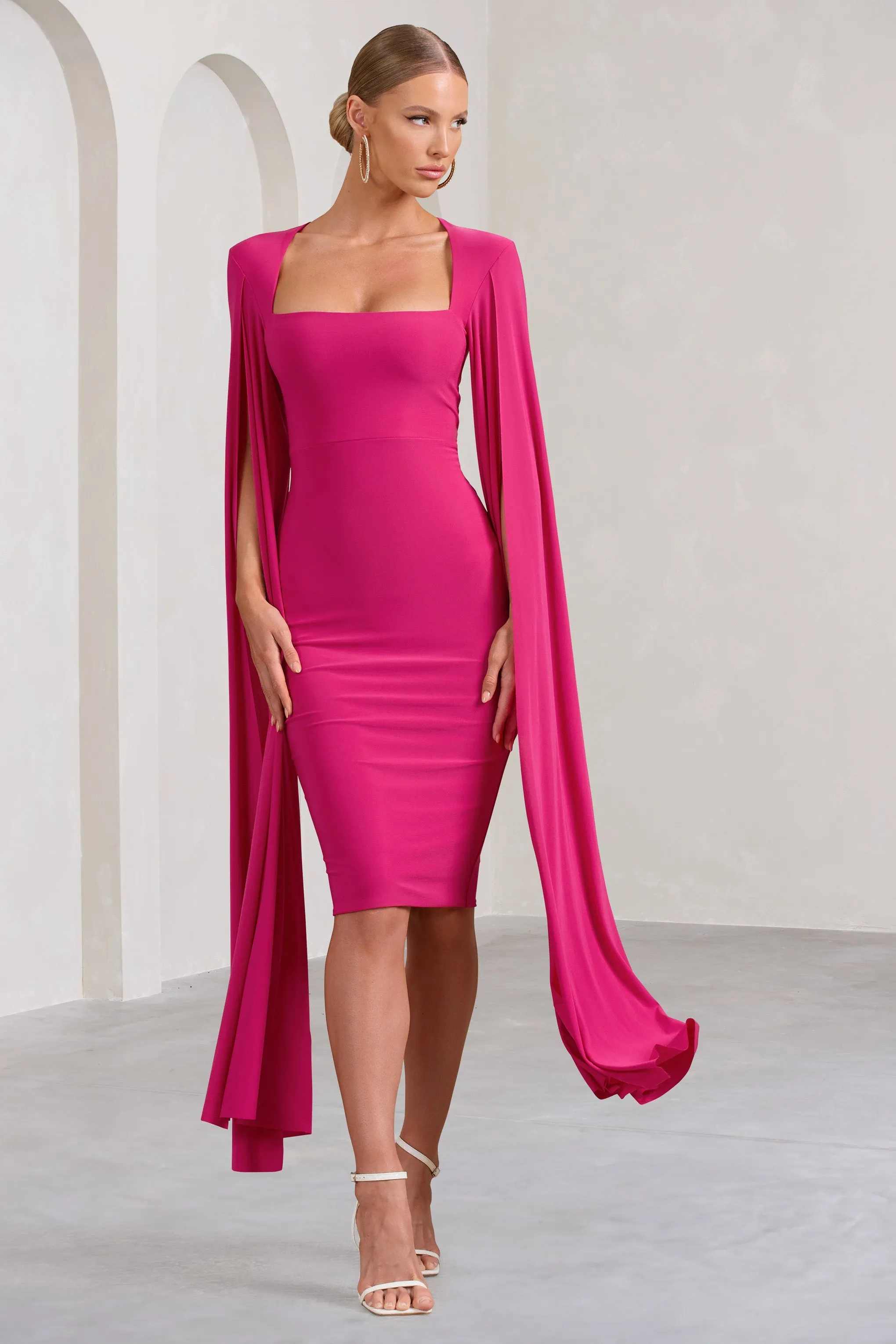 Hot Pink Square Neck Midi Dress With Cape Sleeves